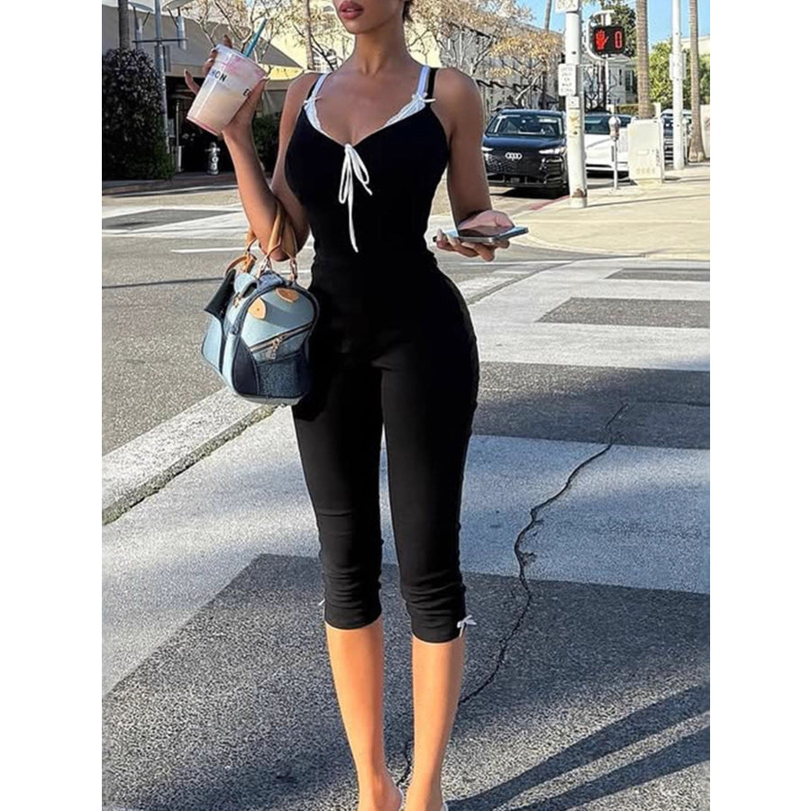 Lace Trim Tie-Front Capri Jumpsuit Apparel and Accessories