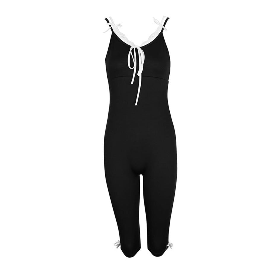 Lace Trim Tie-Front Capri Jumpsuit Apparel and Accessories