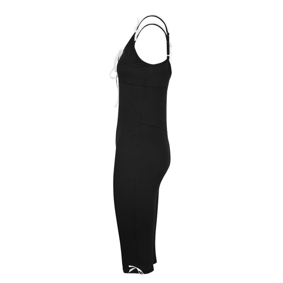 Lace Trim Tie-Front Capri Jumpsuit Apparel and Accessories
