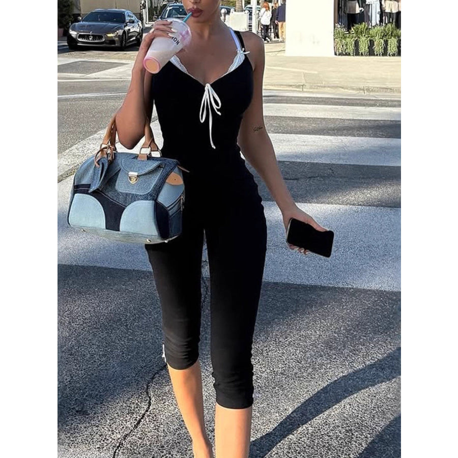 Lace Trim Tie-Front Capri Jumpsuit Apparel and Accessories