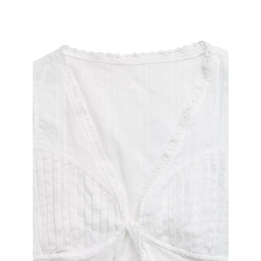 Lace Trim Tie Front Sleeveless Shirt Apparel and Accessories