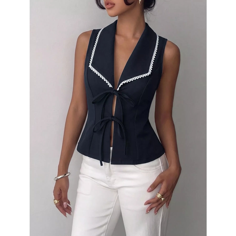 Lace Trim Tie-Front Vest Navy Blue / S Apparel and Accessories