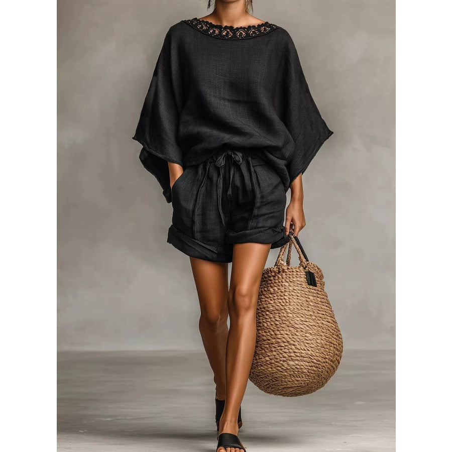 Lace Trim Top and Drawstring Shorts Set Black / S Apparel Accessories