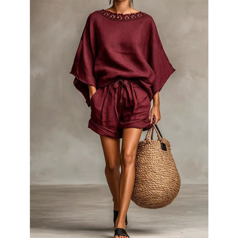 Lace Trim Top and Drawstring Shorts Set Burgundy / S Apparel Accessories