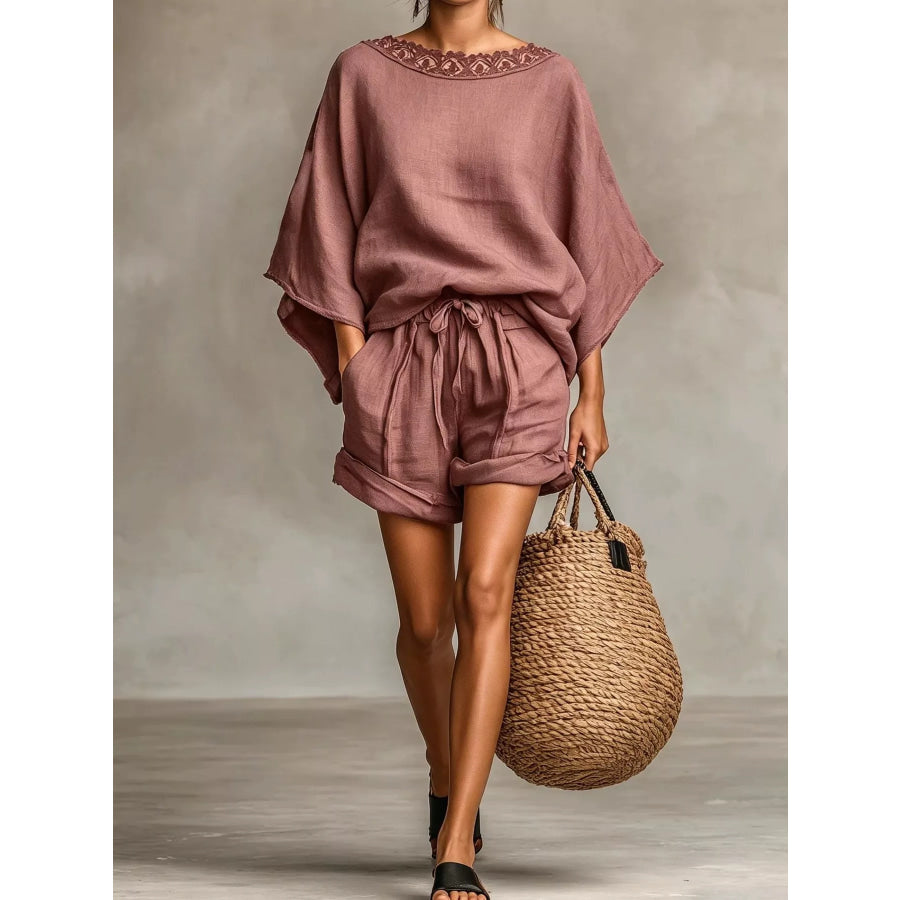 Lace Trim Top and Drawstring Shorts Set Dusty Pink / S Apparel Accessories