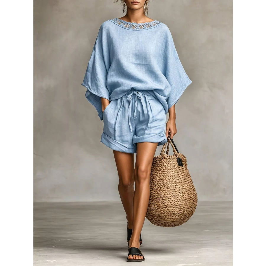 Lace Trim Top and Drawstring Shorts Set Light Blue / S Apparel Accessories