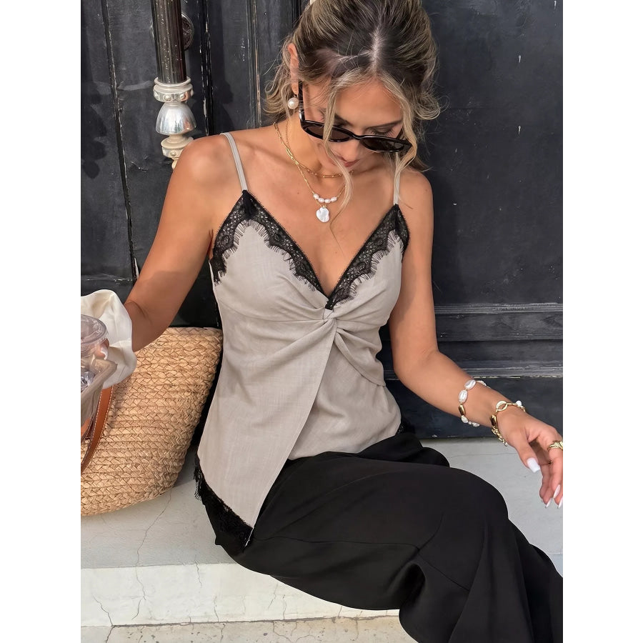 Lace Trim Twist Front Cami Apparel and Accessories