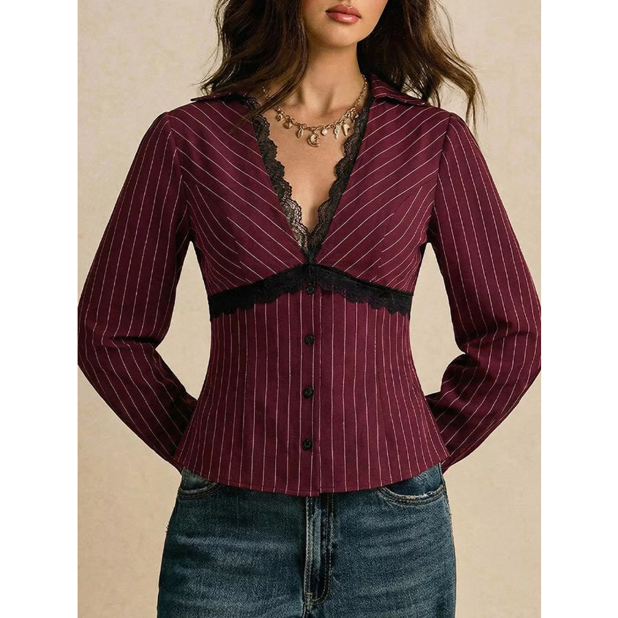 Lace Trim V-Neck Blouse Apparel and Accessories