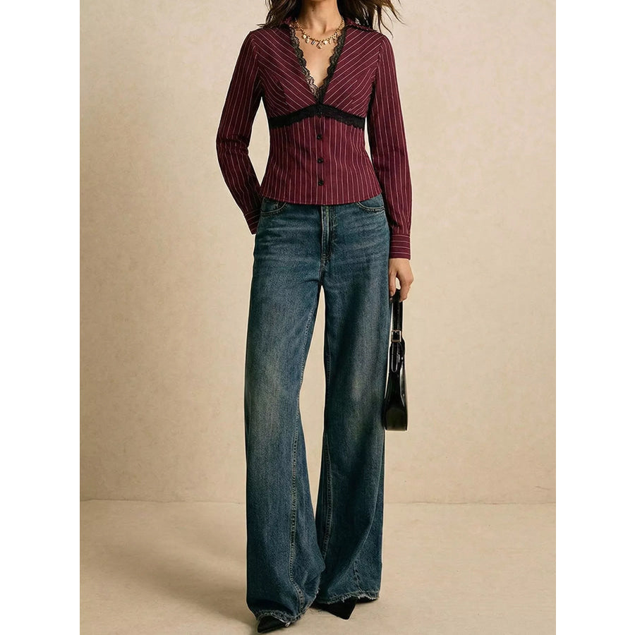 Lace Trim V-Neck Blouse Apparel and Accessories