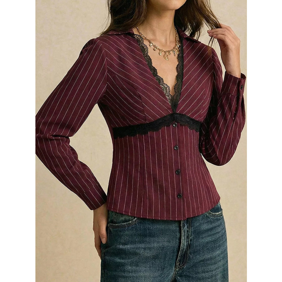 Lace Trim V-Neck Blouse Apparel and Accessories