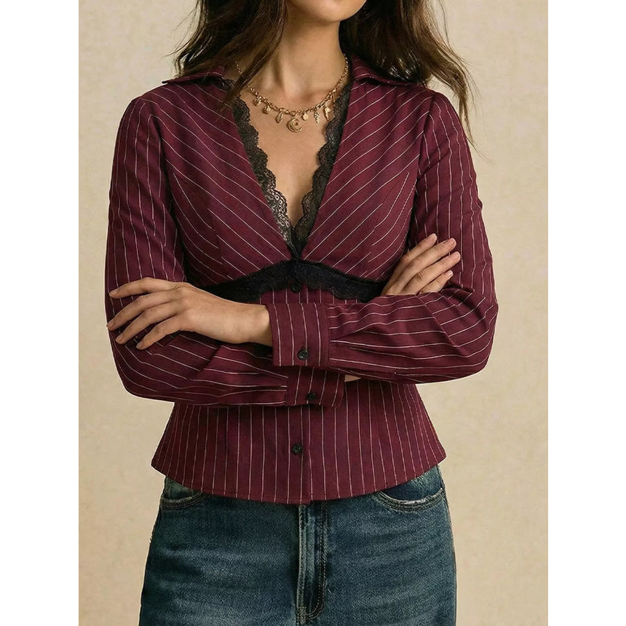 Lace Trim V-Neck Blouse Apparel and Accessories