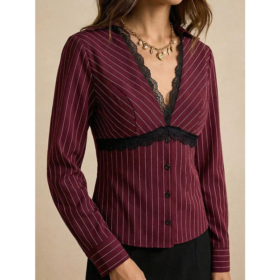 Lace Trim V-Neck Blouse Burgundy / M Apparel and Accessories