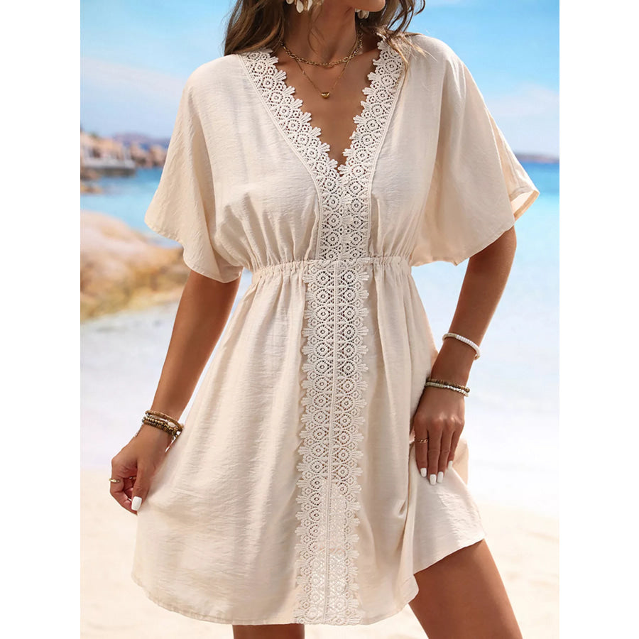 Lace Trim V-Neck Cover-Up Dress Tan / S Apparel and Accessories
