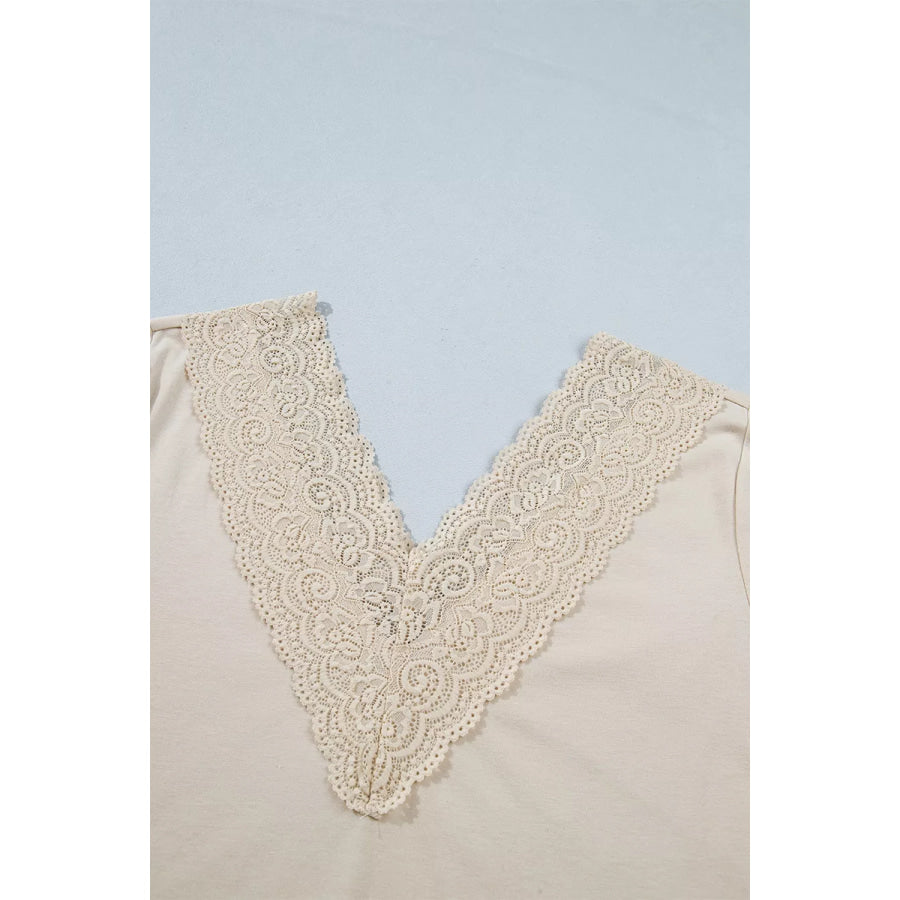 Lace Trim V Neck Long Sleeve Patchwork Pullover Top Apparel and Accessories