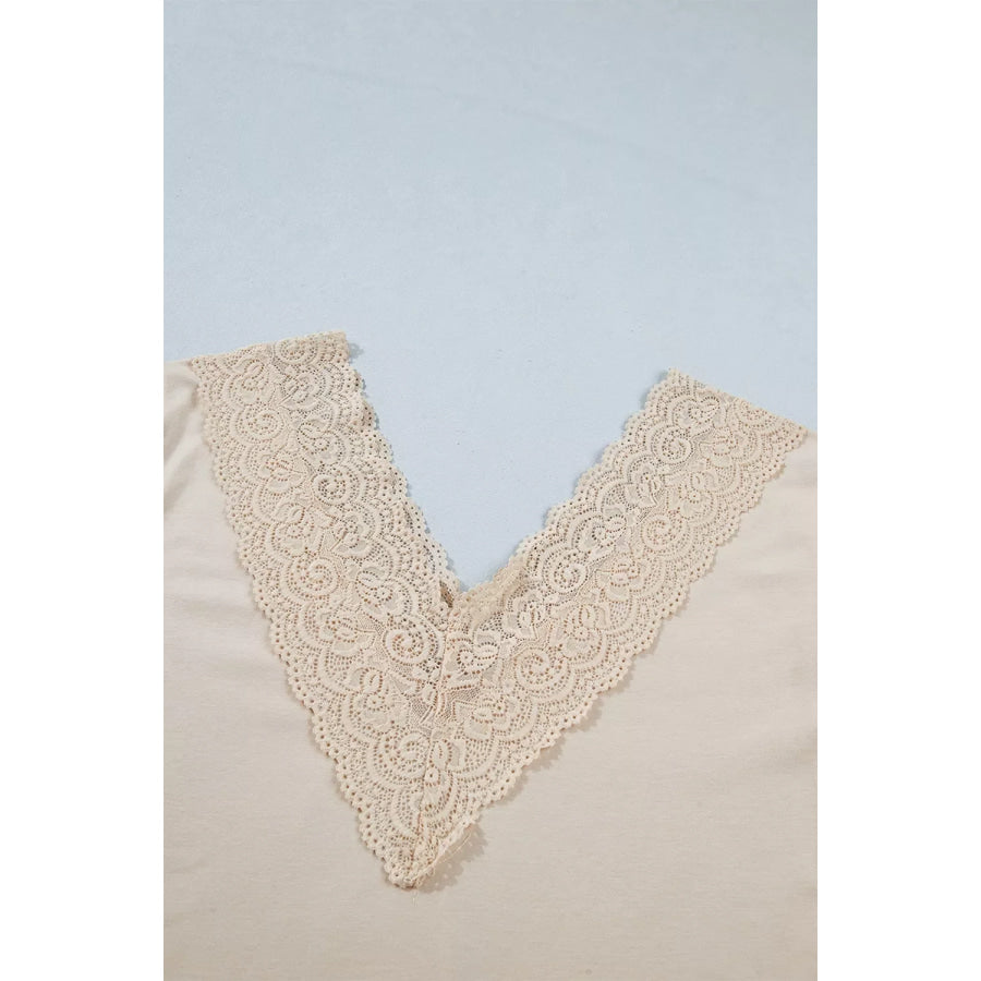 Lace Trim V Neck Long Sleeve Patchwork Pullover Top Apparel and Accessories