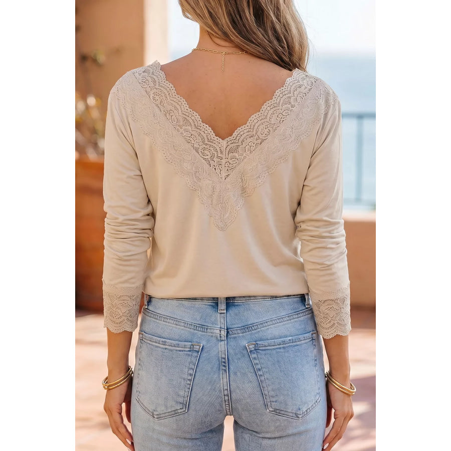 Lace Trim V Neck Long Sleeve Patchwork Pullover Top Apparel and Accessories