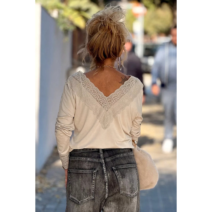 Lace Trim V Neck Long Sleeve Patchwork Pullover Top Apparel and Accessories