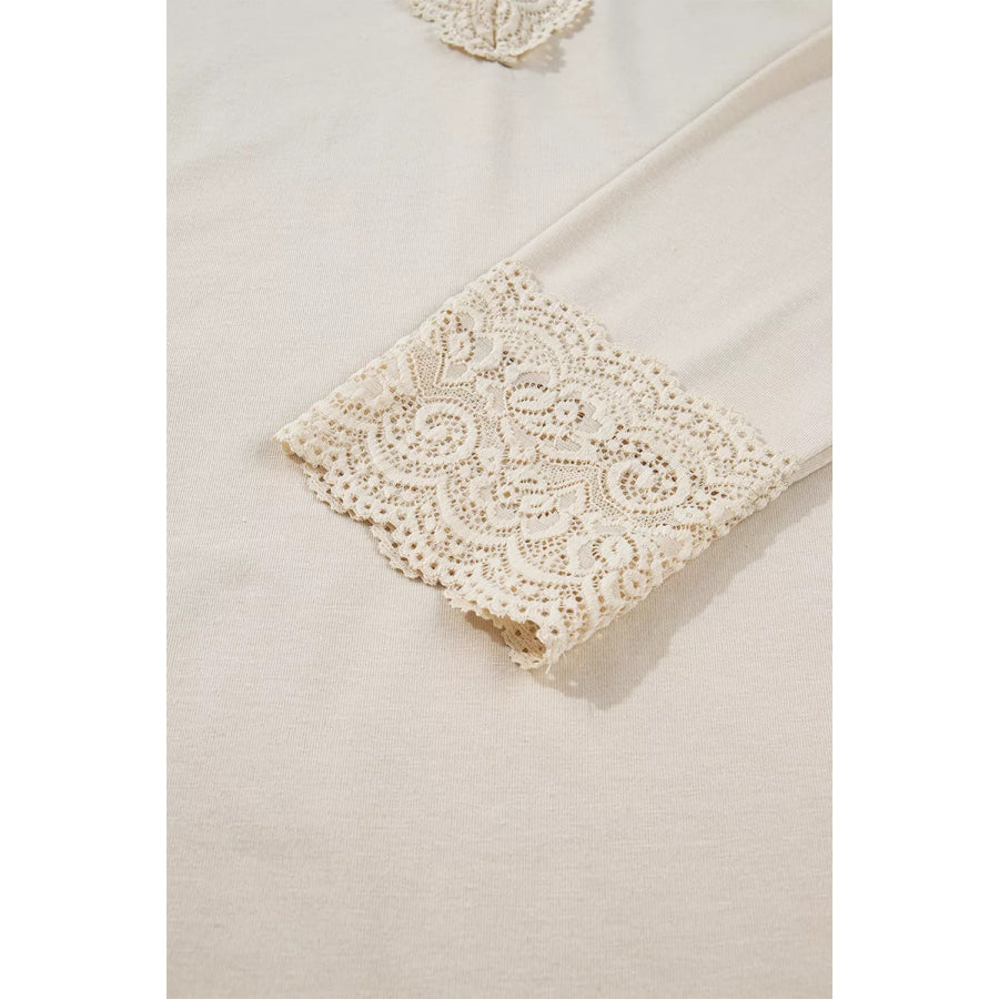 Lace Trim V Neck Long Sleeve Patchwork Pullover Top Apparel and Accessories