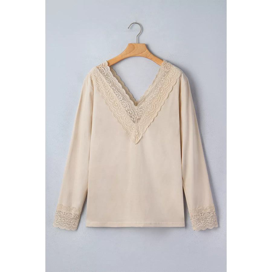 Lace Trim V Neck Long Sleeve Patchwork Pullover Top Apparel and Accessories