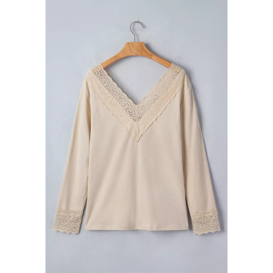 Lace Trim V Neck Long Sleeve Patchwork Pullover Top Apparel and Accessories