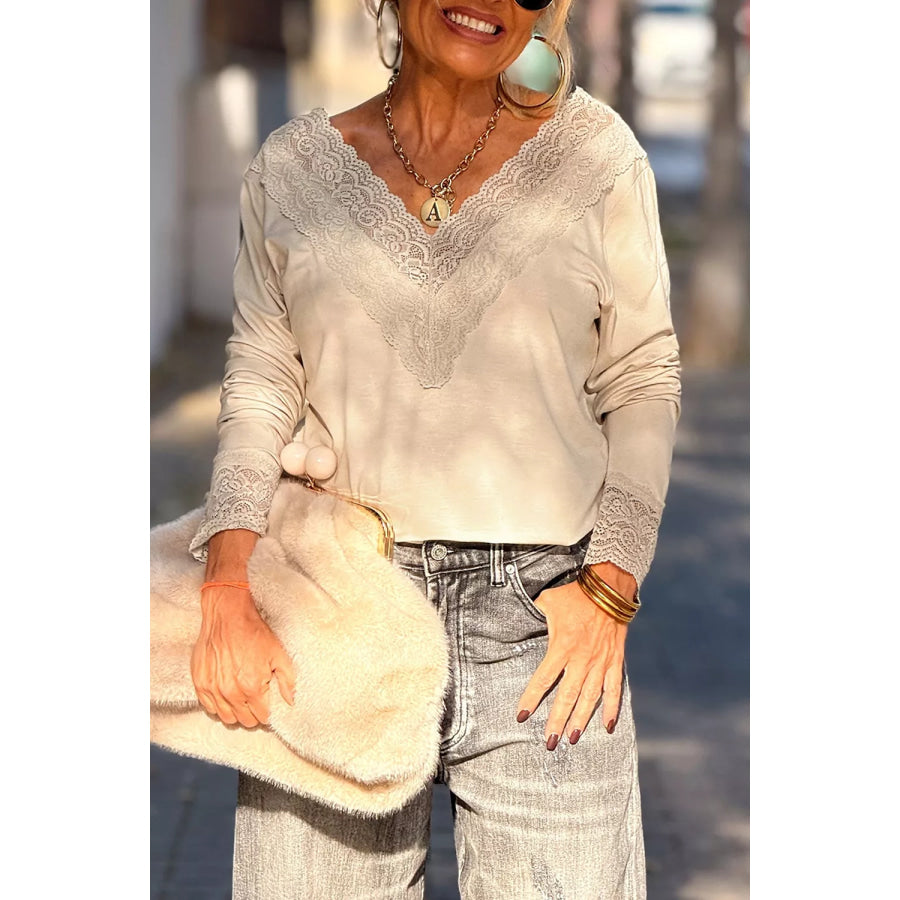 Lace Trim V Neck Long Sleeve Patchwork Pullover Top Beige / S Apparel and Accessories