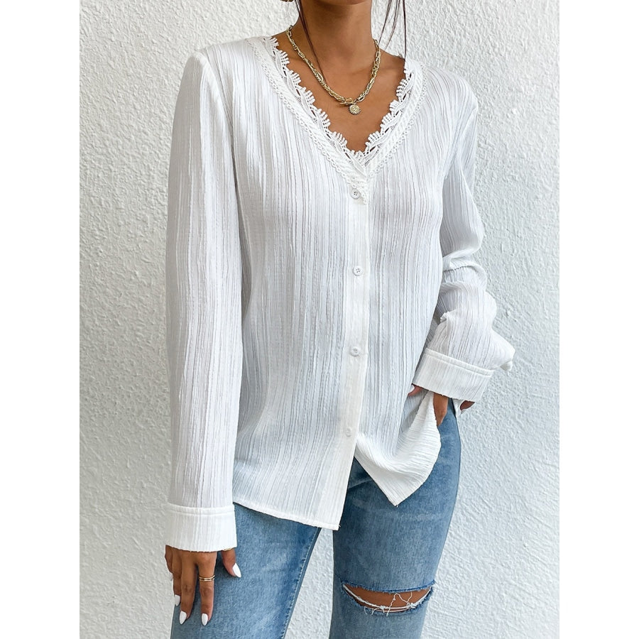 Lace Trim V-Neck Long Sleeve Shirt