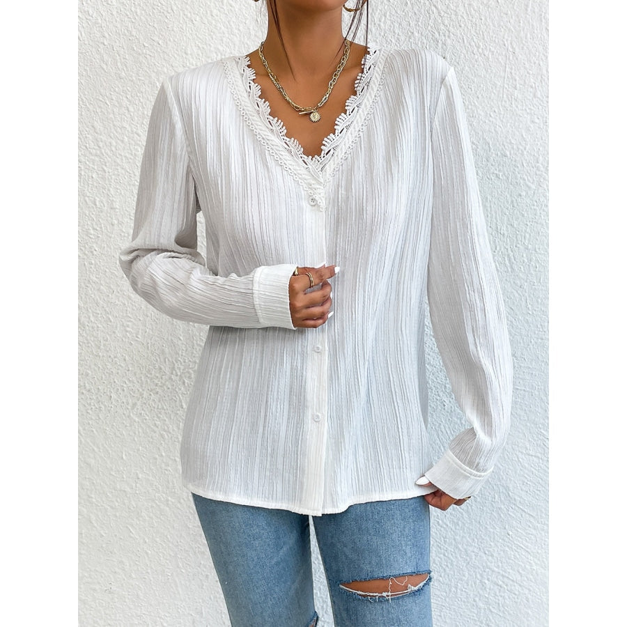 Lace Trim V-Neck Long Sleeve Shirt