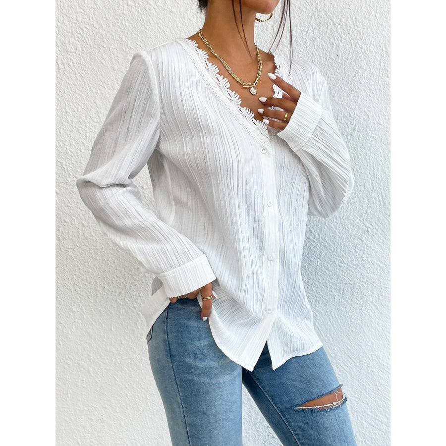 Lace Trim V-Neck Long Sleeve Shirt