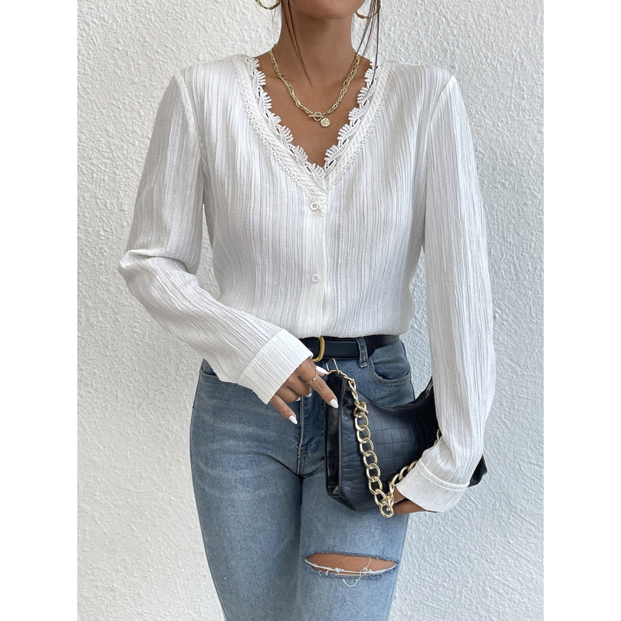 Lace Trim V-Neck Long Sleeve Shirt White / S