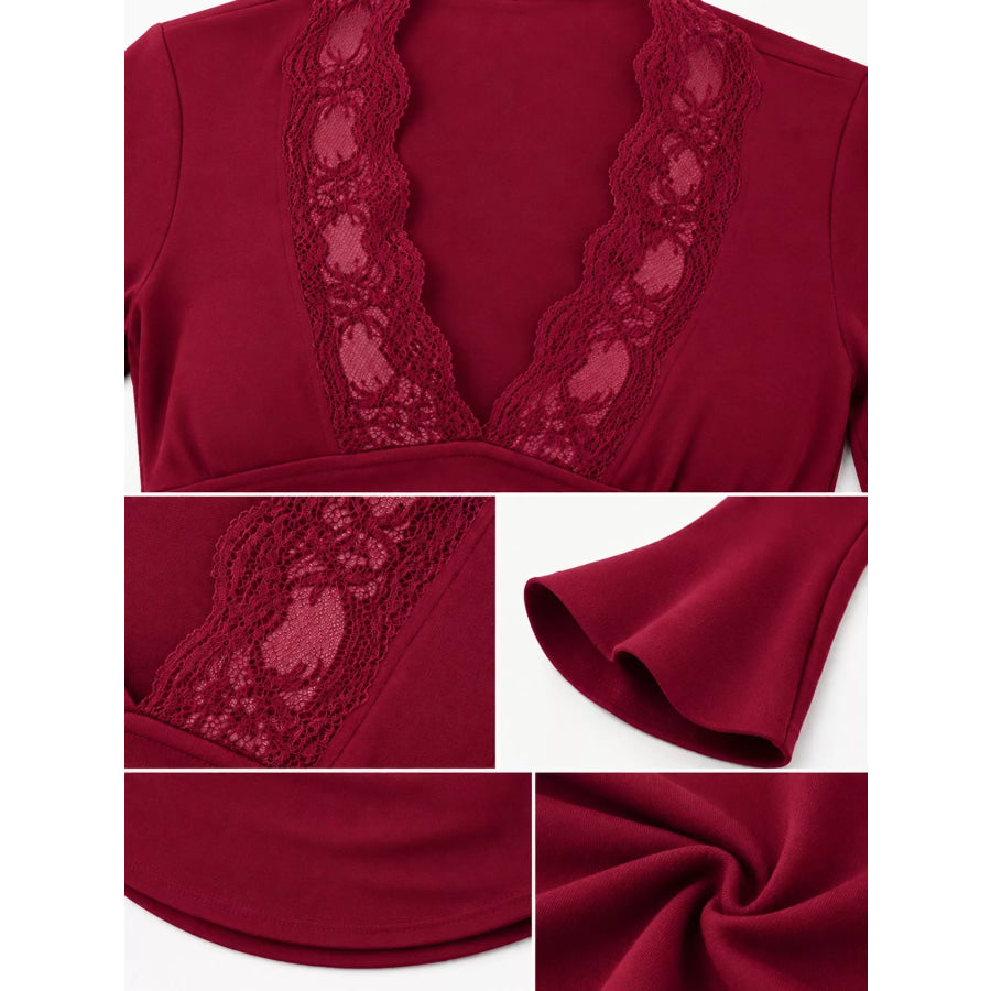 Lace Trim V-Neck Long Sleeve Slim Fit T-Shirt Apparel and Accessories