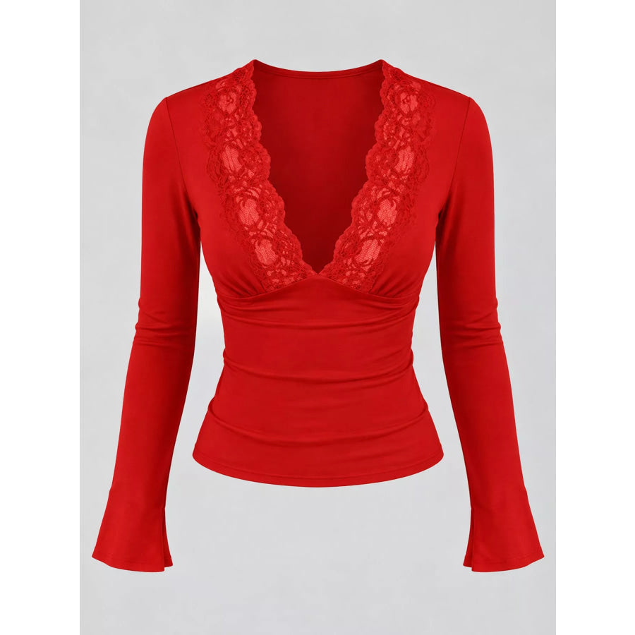 Lace Trim V-Neck Long Sleeve Slim Fit T-Shirt Apparel and Accessories