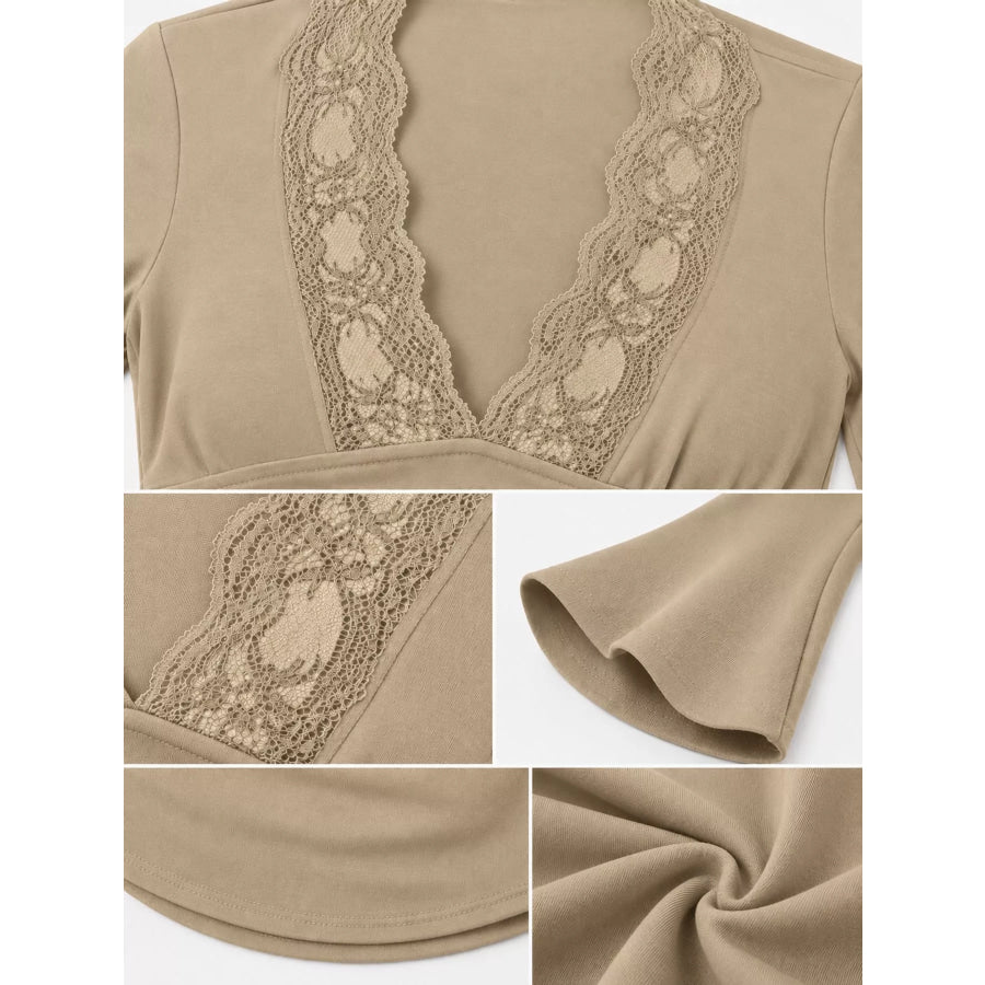 Lace Trim V-Neck Long Sleeve Slim Fit T-Shirt Apparel and Accessories
