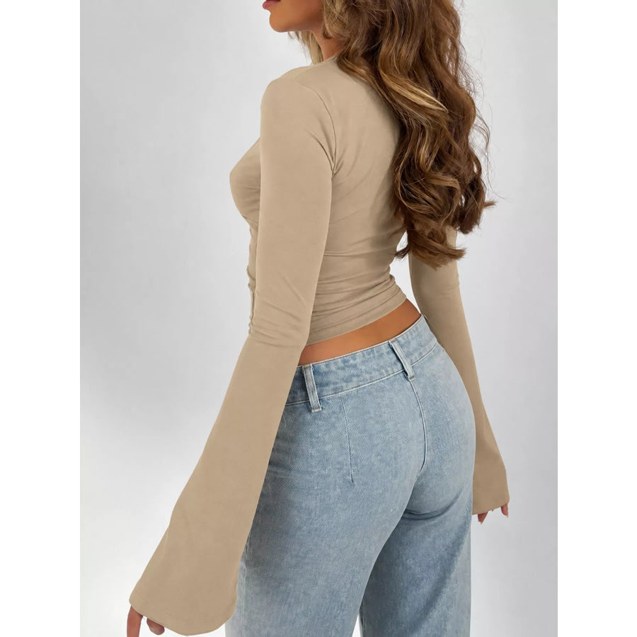 Lace Trim V-Neck Long Sleeve Slim Fit T-Shirt Apparel and Accessories