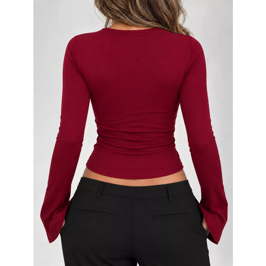 Lace Trim V-Neck Long Sleeve Slim Fit T-Shirt Apparel and Accessories