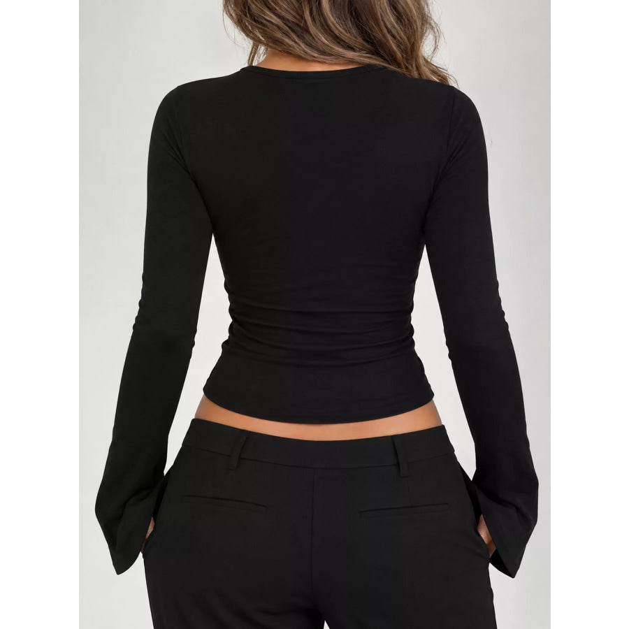 Lace Trim V-Neck Long Sleeve Slim Fit T-Shirt Apparel and Accessories