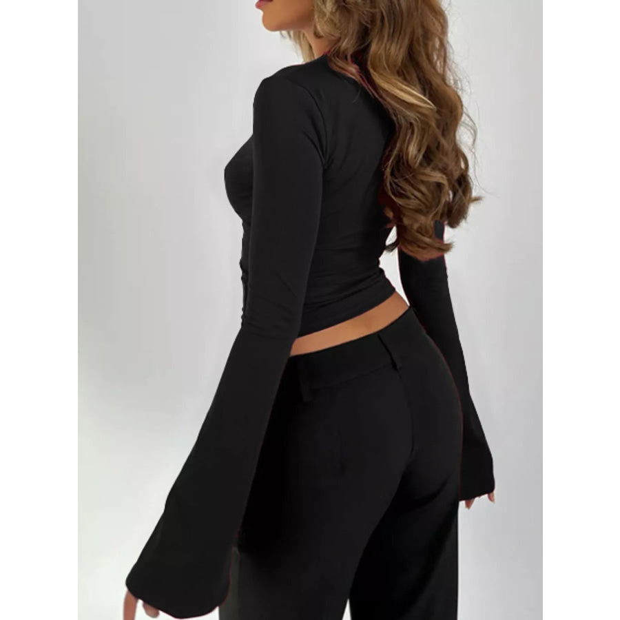 Lace Trim V-Neck Long Sleeve Slim Fit T-Shirt Apparel and Accessories