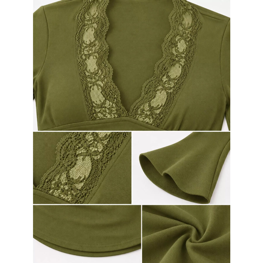 Lace Trim V-Neck Long Sleeve Slim Fit T-Shirt Apparel and Accessories