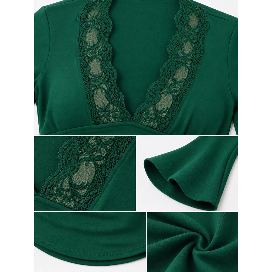 Lace Trim V-Neck Long Sleeve Slim Fit T-Shirt Apparel and Accessories