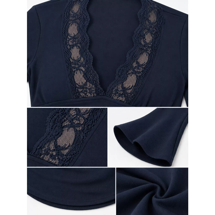 Lace Trim V-Neck Long Sleeve Slim Fit T-Shirt Apparel and Accessories