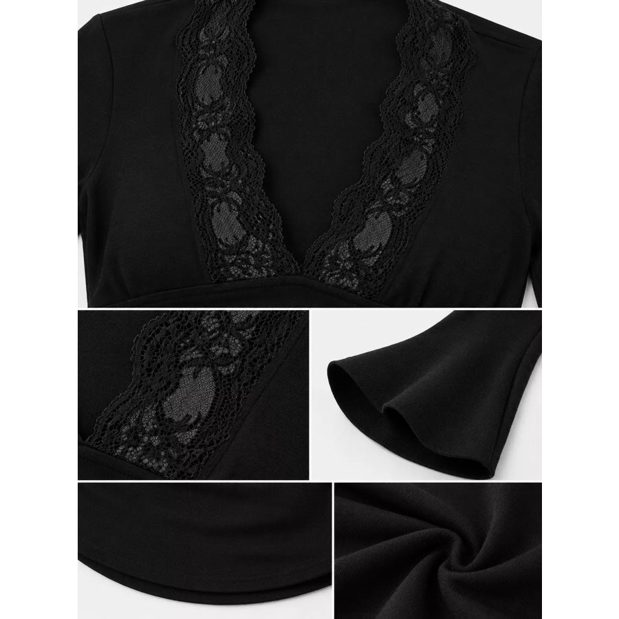 Lace Trim V-Neck Long Sleeve Slim Fit T-Shirt Apparel and Accessories