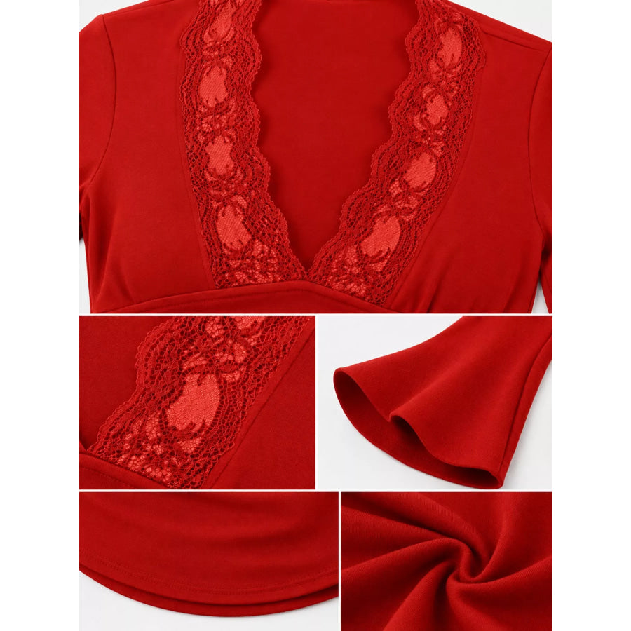 Lace Trim V-Neck Long Sleeve Slim Fit T-Shirt Apparel and Accessories