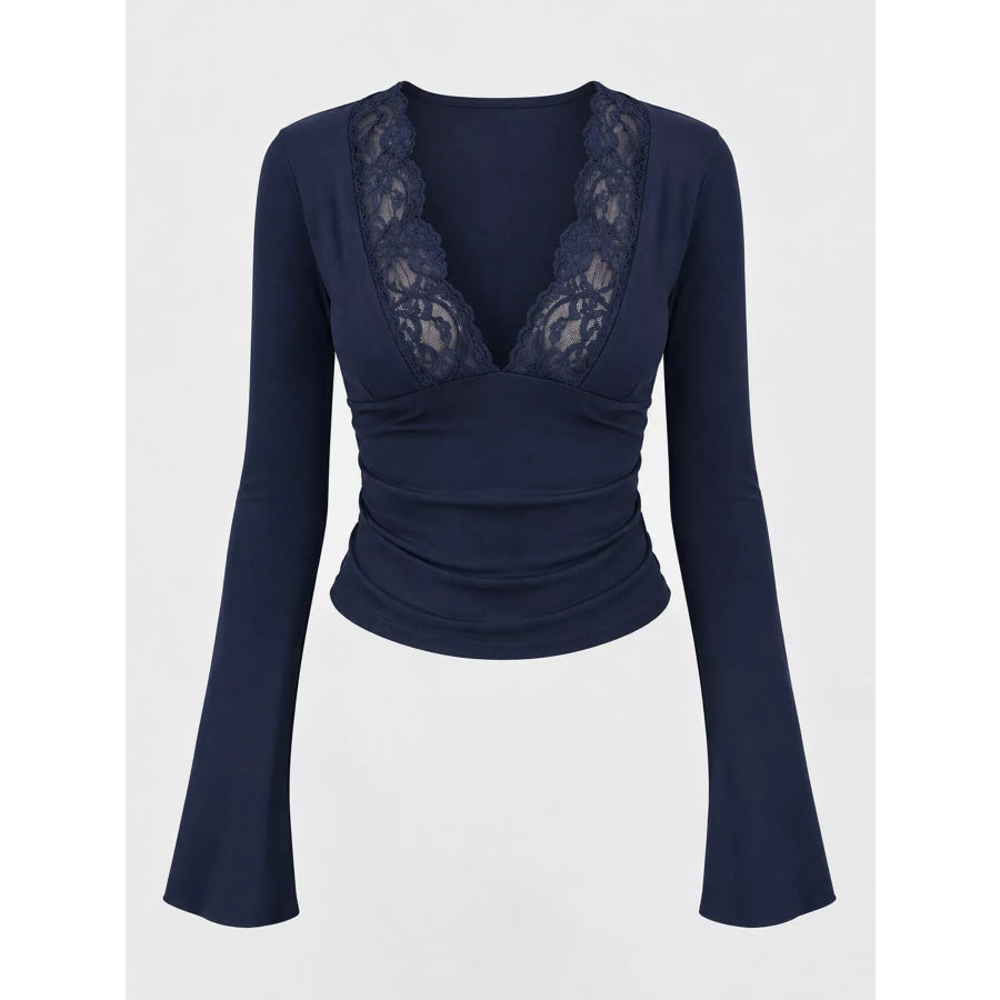 Lace Trim V-Neck Long Sleeve Slim Fit T-Shirt Apparel and Accessories