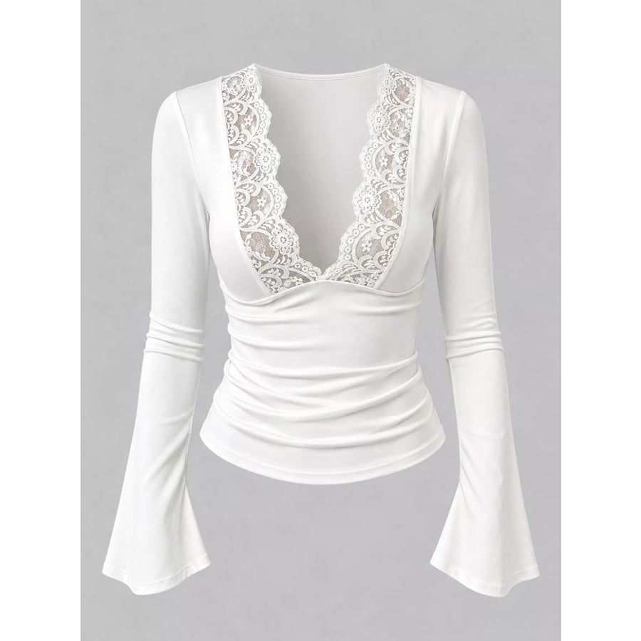 Lace Trim V-Neck Long Sleeve Slim Fit T-Shirt Apparel and Accessories