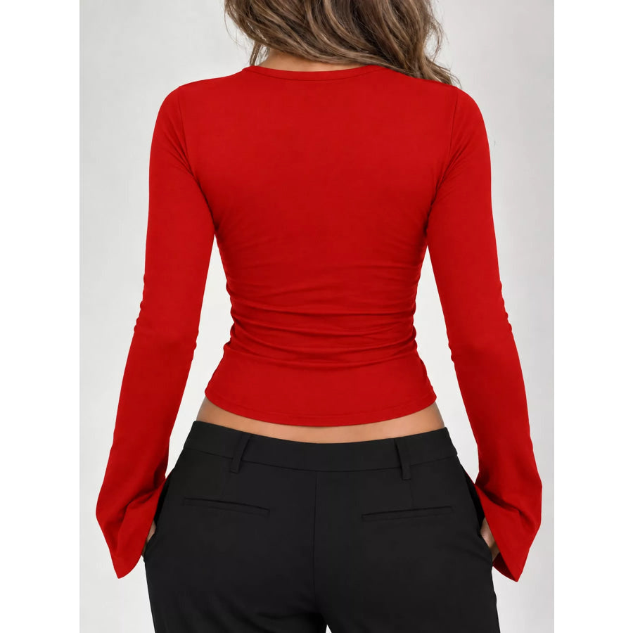 Lace Trim V-Neck Long Sleeve Slim Fit T-Shirt Apparel and Accessories