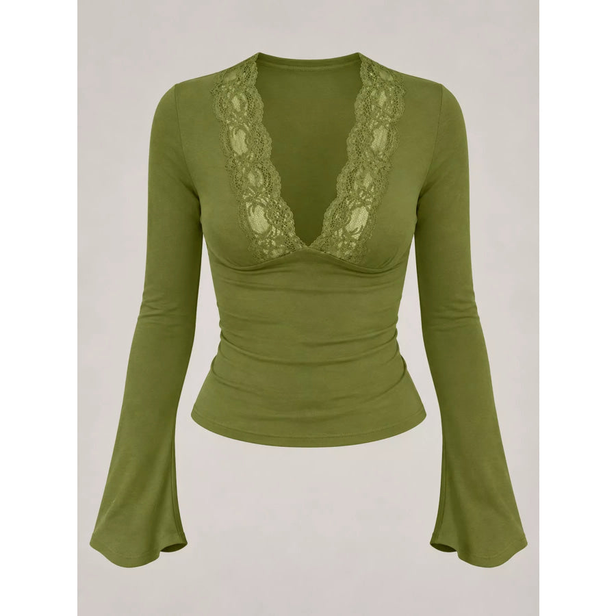Lace Trim V-Neck Long Sleeve Slim Fit T-Shirt Apparel and Accessories