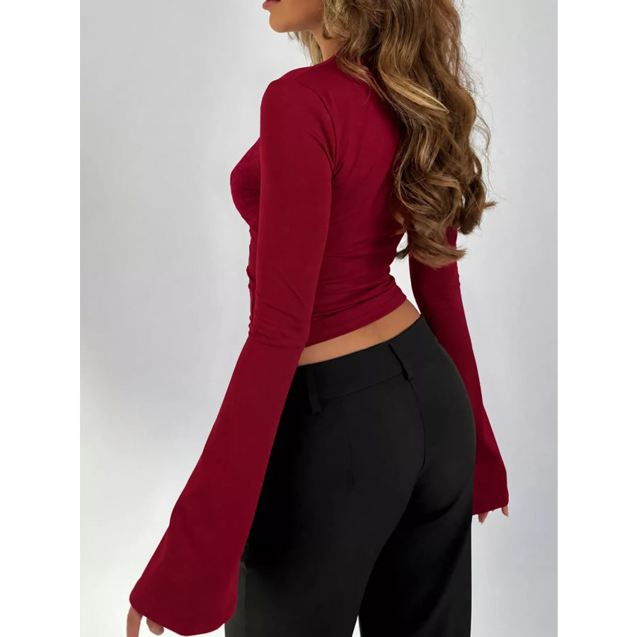 Lace Trim V-Neck Long Sleeve Slim Fit T-Shirt Apparel and Accessories