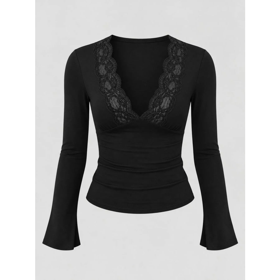 Lace Trim V-Neck Long Sleeve Slim Fit T-Shirt Apparel and Accessories