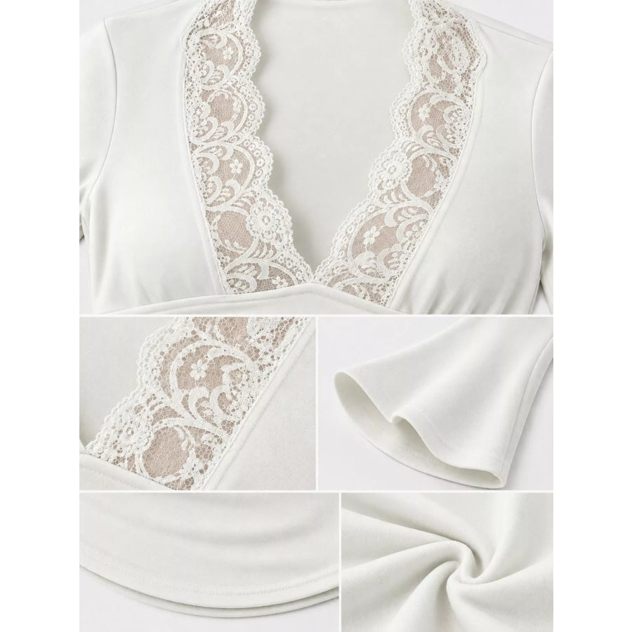 Lace Trim V-Neck Long Sleeve Slim Fit T-Shirt Apparel and Accessories