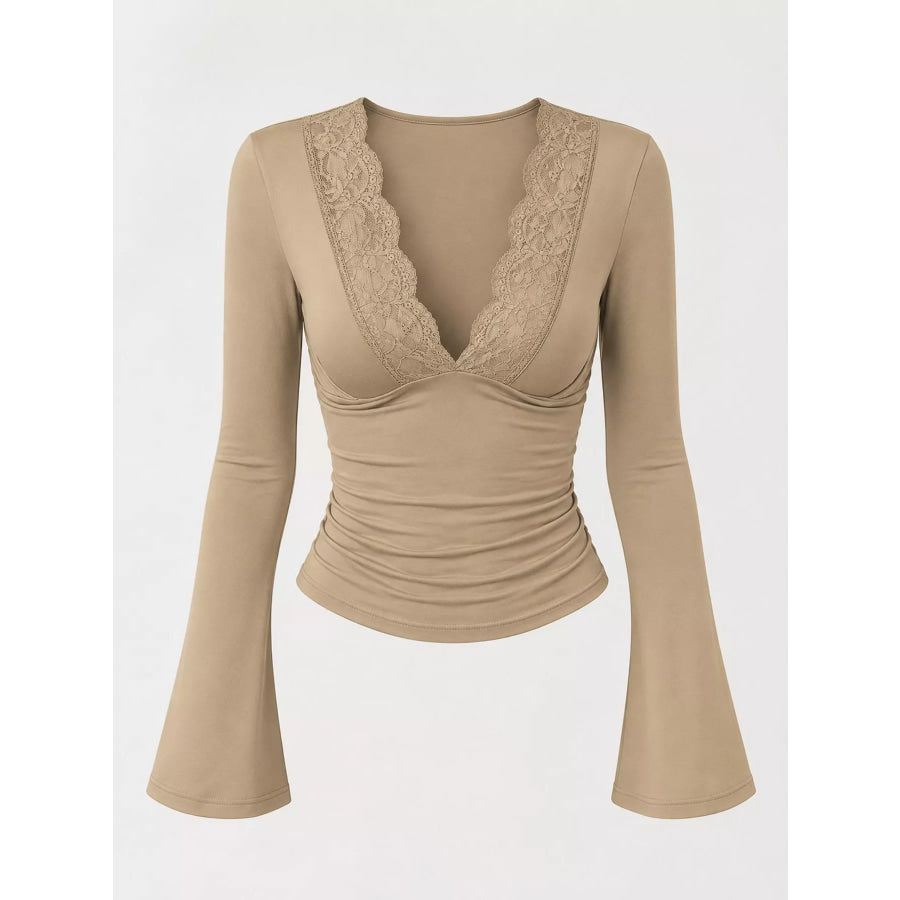 Lace Trim V-Neck Long Sleeve Slim Fit T-Shirt Apparel and Accessories