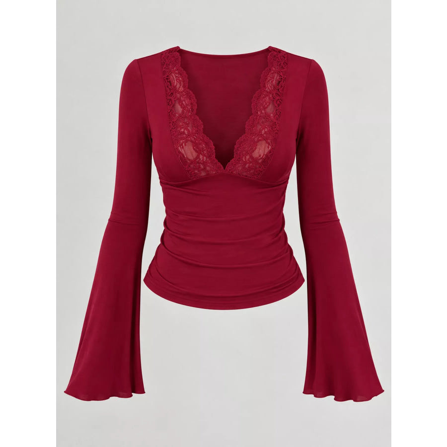 Lace Trim V-Neck Long Sleeve Slim Fit T-Shirt Apparel and Accessories